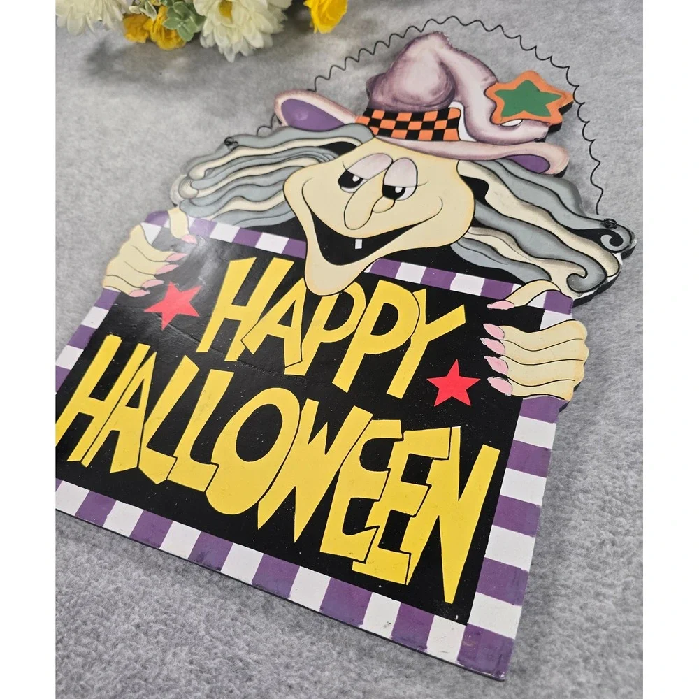 Vintage 90s Happy Halloween Sign Purple Witch Wall Decor Paper Warehouse Spooky